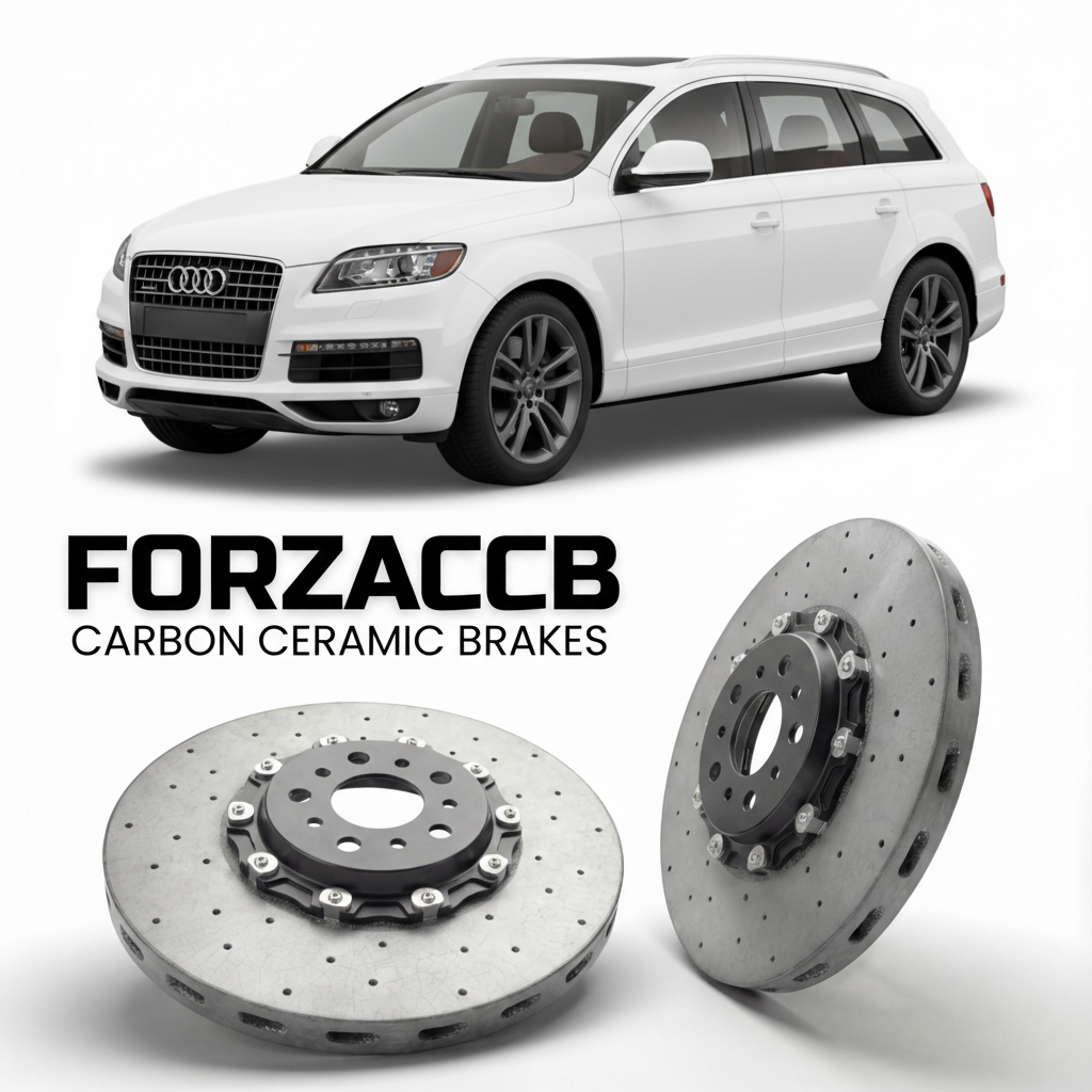 ForzaCCB direct OEM replacement carbon ceramic brake rotors for 2005 to 2015 Audi Q7 4L models, shown with a white Audi Q7 car.