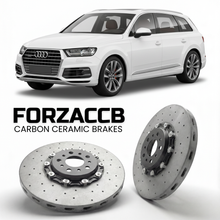 ForzaCCB direct OEM replacement carbon ceramic brake rotors for 2015 and newer Audi Q7 4M models, shown with a white Audi Q7 car.