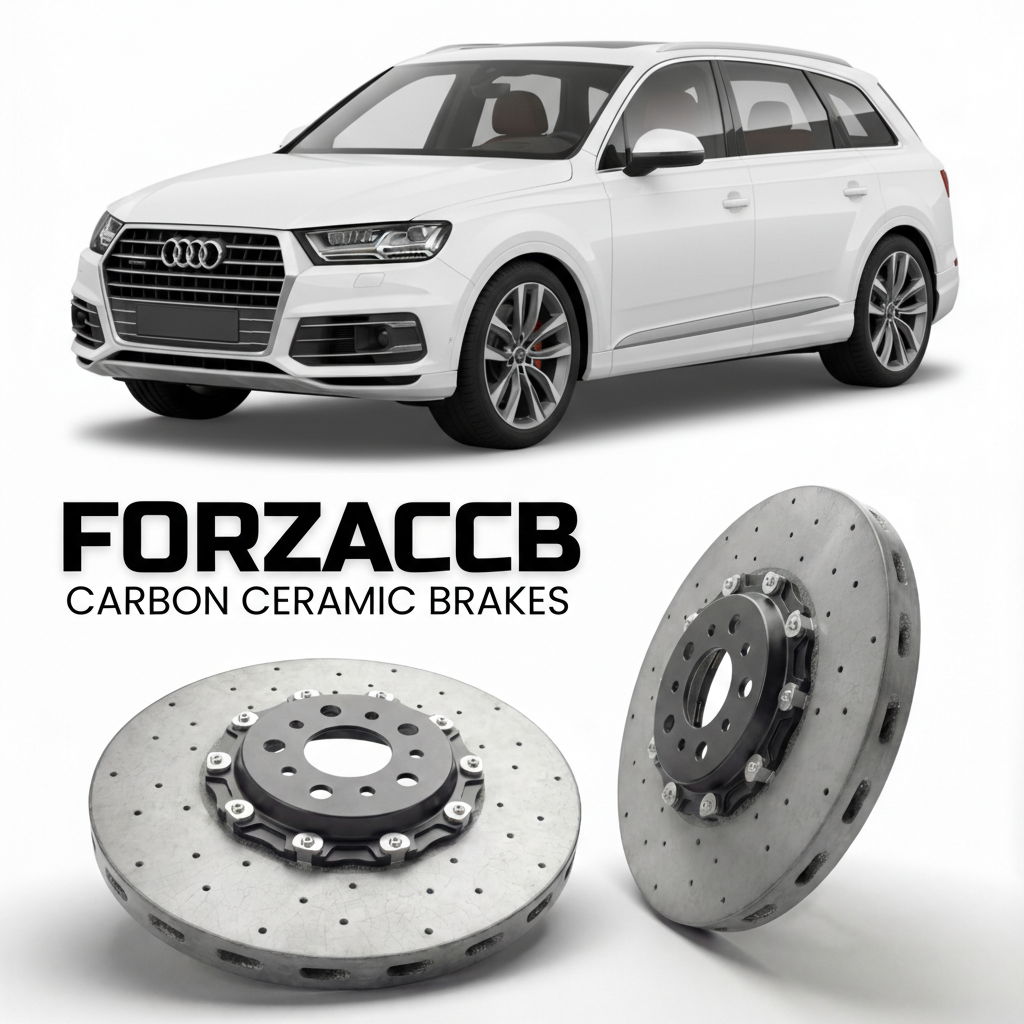 ForzaCCB direct OEM replacement carbon ceramic brake rotors for 2015 and newer Audi Q7 4M models, shown with a white Audi Q7 car.