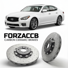 ForzaCCB direct OEM replacement carbon ceramic brake rotors for 2010 to 2019 Infiniti Q70 Y51 models, shown with a white Infiniti Q70 car.