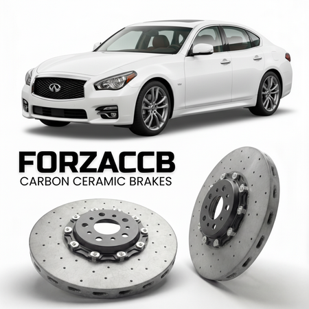ForzaCCB direct OEM replacement carbon ceramic brake rotors for 2010 to 2019 Infiniti Q70 Y51 models, shown with a white Infiniti Q70 car.