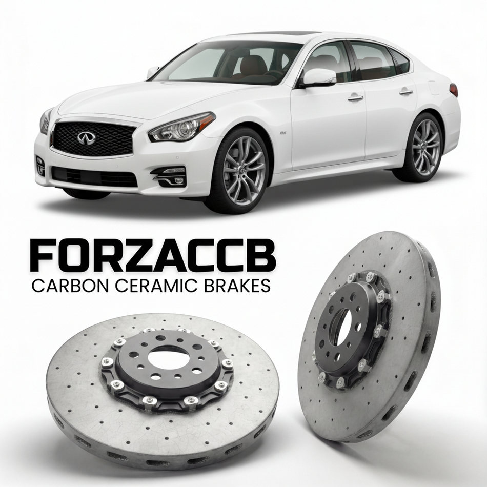 ForzaCCB direct OEM replacement carbon ceramic brake rotors for 2010 to 2019 Infiniti Q70 Y51 models, shown with a white Infiniti Q70 car.