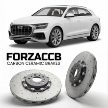 ForzaCCB direct OEM replacement carbon ceramic brake rotors for 2018 and newer Audi Q8 models, shown with a white Audi Q8 car.