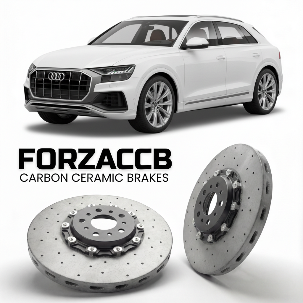 ForzaCCB direct OEM replacement carbon ceramic brake rotors for 2018 and newer Audi Q8 models, shown with a white Audi Q8 car.