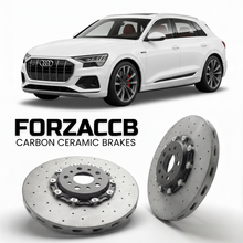 ForzaCCB direct OEM replacement carbon ceramic brake rotors for 2018 to 2025 Audi Q8 e-tron GE models, shown with a white Audi Q8 e-tron car.