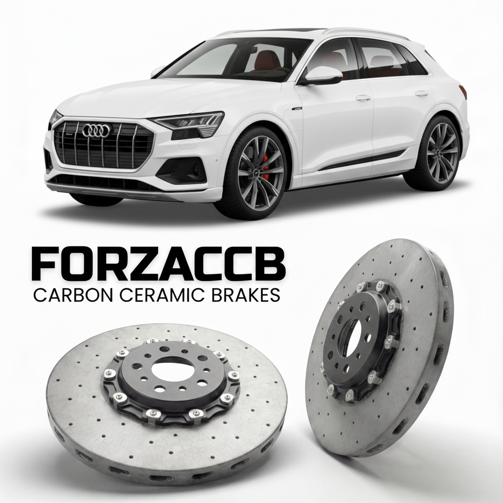 ForzaCCB direct OEM replacement carbon ceramic brake rotors for 2018 to 2025 Audi Q8 e-tron GE models, shown with a white Audi Q8 e-tron car.