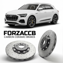 ForzaCCB direct OEM replacement carbon ceramic brake rotors for 2023 to 2025 Audi Q8 e-tron GE models, shown with a white Audi Q8 e-tron car.