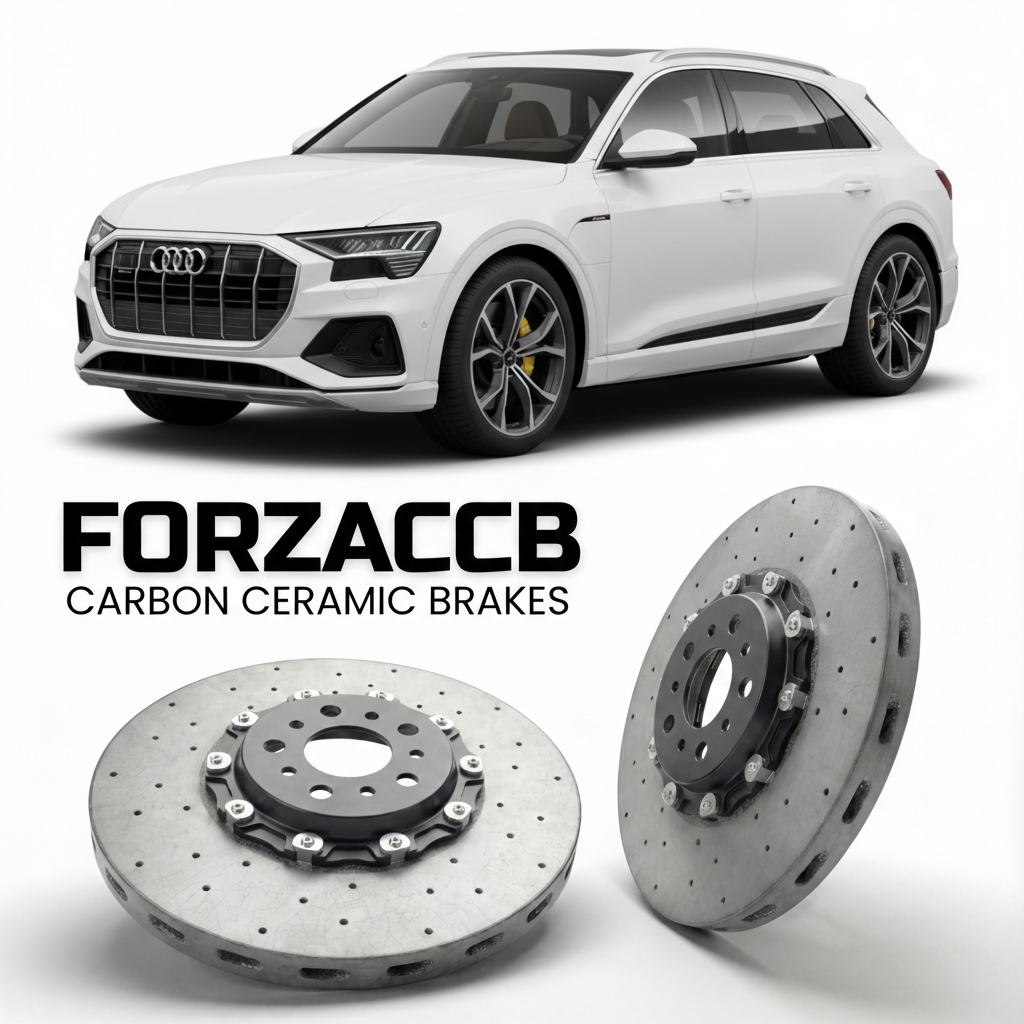 ForzaCCB direct OEM replacement carbon ceramic brake rotors for 2023 to 2025 Audi Q8 e-tron GE models, shown with a white Audi Q8 e-tron car.