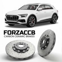 ForzaCCB direct OEM replacement carbon ceramic brake rotors for 2027 and newer Audi Q8 e-tron successor PPE models, shown with a white Audi Q8 e-tron successor car.
