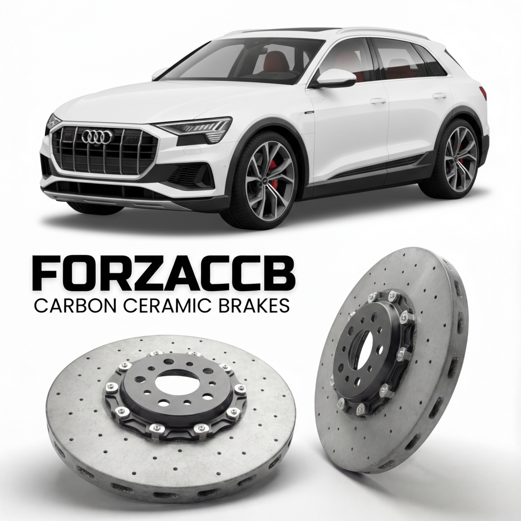 ForzaCCB direct OEM replacement carbon ceramic brake rotors for 2027 and newer Audi Q8 e-tron successor PPE models, shown with a white Audi Q8 e-tron successor car.