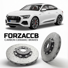 ForzaCCB direct OEM replacement carbon ceramic brake rotors for 2018 to 2025 Audi Q8 Sportback e-tron GE models, shown with a white Audi Q8 Sportback e-tron car.