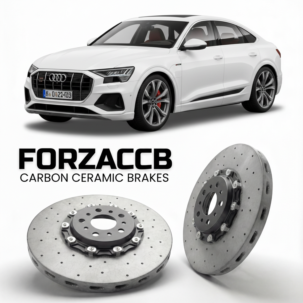 ForzaCCB direct OEM replacement carbon ceramic brake rotors for 2018 to 2025 Audi Q8 Sportback e-tron GE models, shown with a white Audi Q8 Sportback e-tron car.