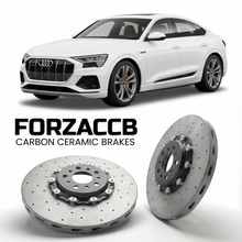 ForzaCCB direct OEM replacement carbon ceramic brake rotors for 2023 to 2025 Audi Q8 Sportback e-tron GE models, shown with a white Audi Q8 Sportback e-tron car.