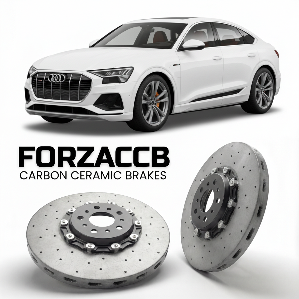 ForzaCCB direct OEM replacement carbon ceramic brake rotors for 2023 to 2025 Audi Q8 Sportback e-tron GE models, shown with a white Audi Q8 Sportback e-tron car.