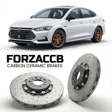 ForzaCCB direct OEM replacement carbon ceramic brake rotors for 2018 to 2021 BYD Qin Pro II models, shown with a white BYD Qin car.