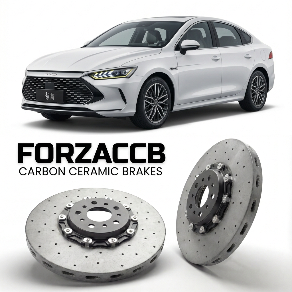 ForzaCCB direct OEM replacement carbon ceramic brake rotors for 2025+) BYD Qin Plus II (facelift 2025 models, shown with a white BYD Qin car.