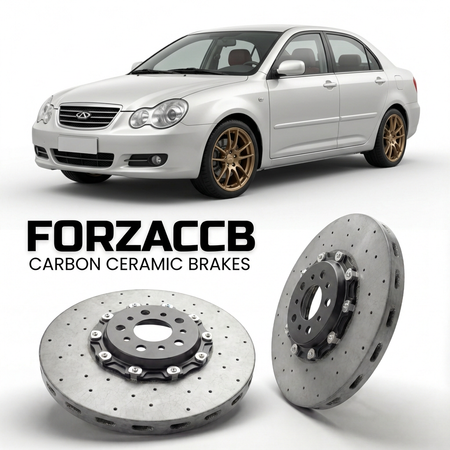 ForzaCCB direct OEM replacement carbon ceramic brake rotors for 2006-2010) Chery QQ6 Chery QQ6 (S21 models, shown with a white Chery QQ6 car.