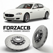 ForzaCCB direct OEM replacement carbon ceramic brake rotors for 2003 to 2012 Maserati Quattroporte V M139 models, shown with a white Maserati Quattroporte V car.