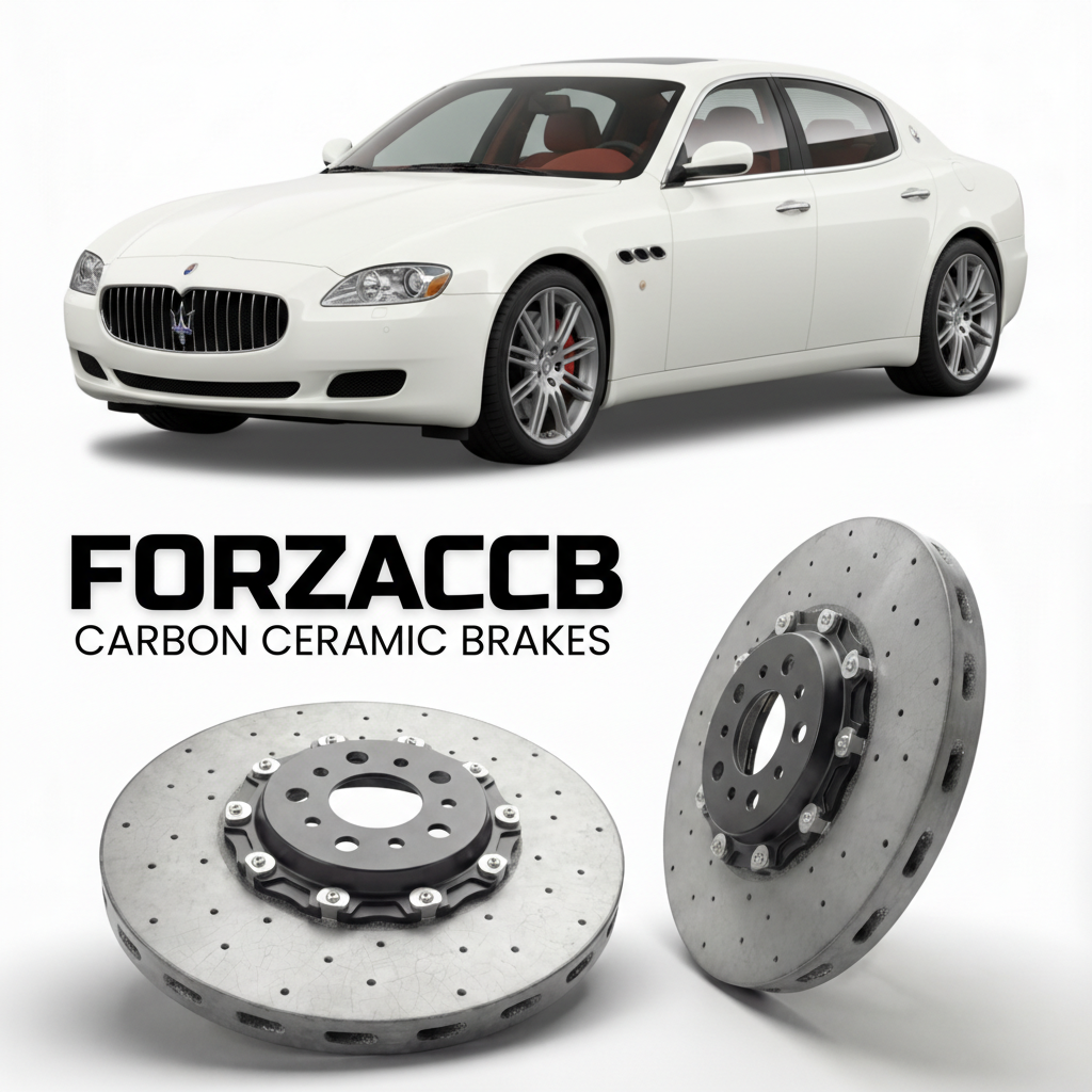 ForzaCCB direct OEM replacement carbon ceramic brake rotors for 2003 to 2012 Maserati Quattroporte V M139 models, shown with a white Maserati Quattroporte V car.