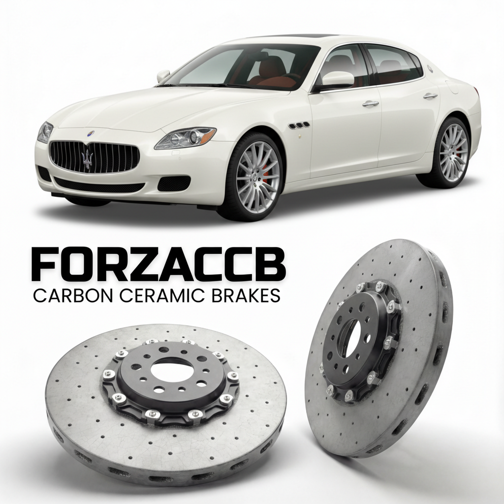 ForzaCCB direct OEM replacement carbon ceramic brake rotors for 2008 to 2012 Maserati Quattroporte V M139 models, shown with a white Maserati Quattroporte V car.