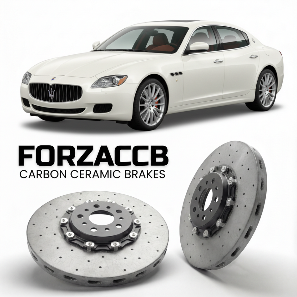 ForzaCCB direct OEM replacement carbon ceramic brake rotors for 2008 to 2012 Maserati Quattroporte V M139 models, shown with a white Maserati Quattroporte V car.