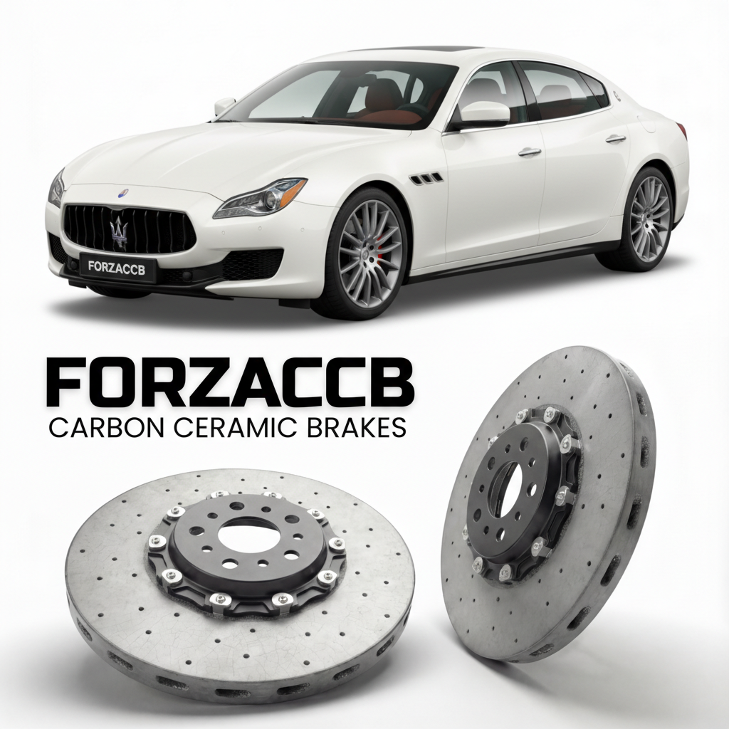 ForzaCCB direct OEM replacement carbon ceramic brake rotors for 2013 to 2023 Maserati Quattroporte VI M156 models, shown with a white Maserati Quattroporte VI car.