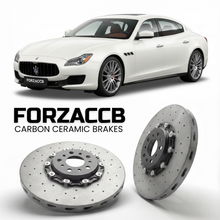 ForzaCCB direct OEM replacement carbon ceramic brake rotors for 2013 to 2023 Maserati Quattroporte VI M156 models, shown with a white Maserati Quattroporte VI car.