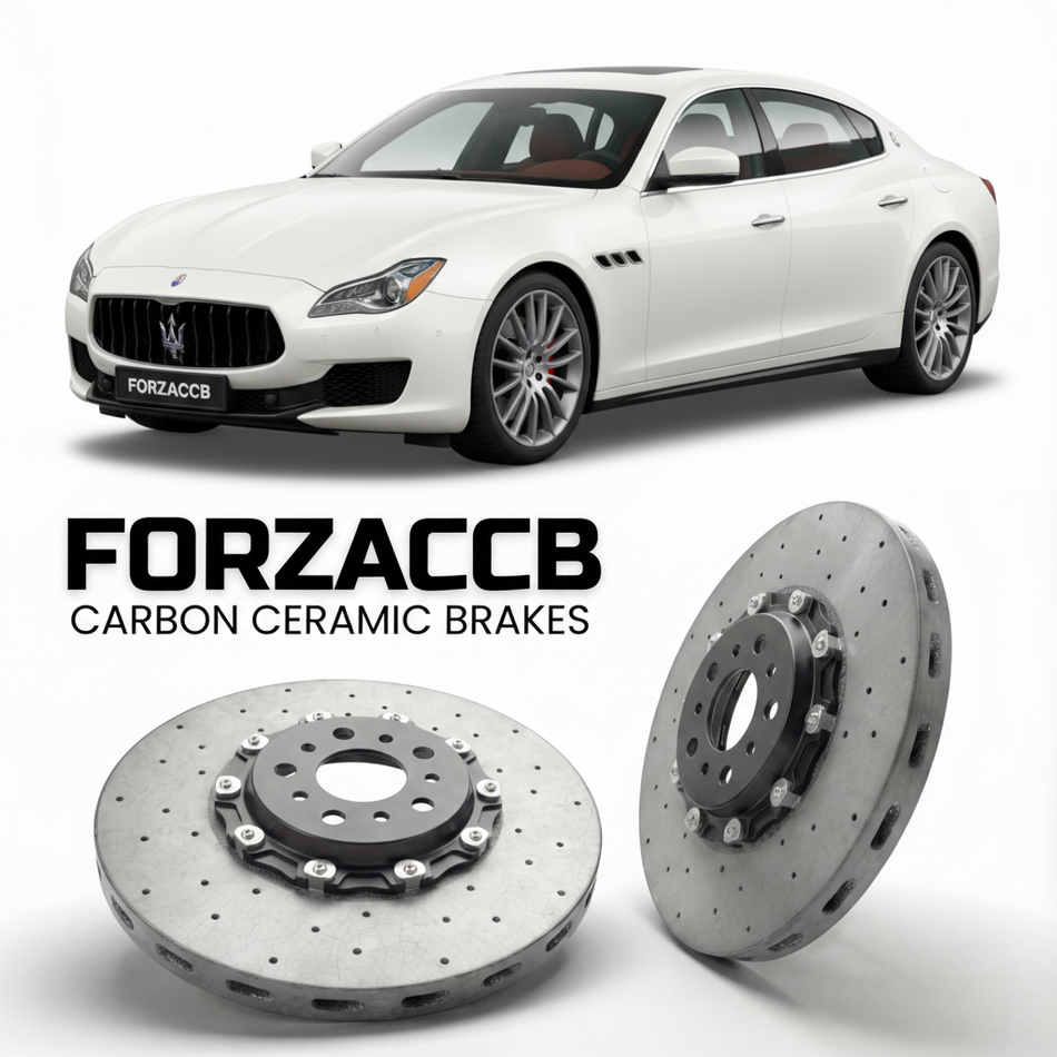 ForzaCCB direct OEM replacement carbon ceramic brake rotors for 2013 to 2023 Maserati Quattroporte VI M156 models, shown with a white Maserati Quattroporte VI car.