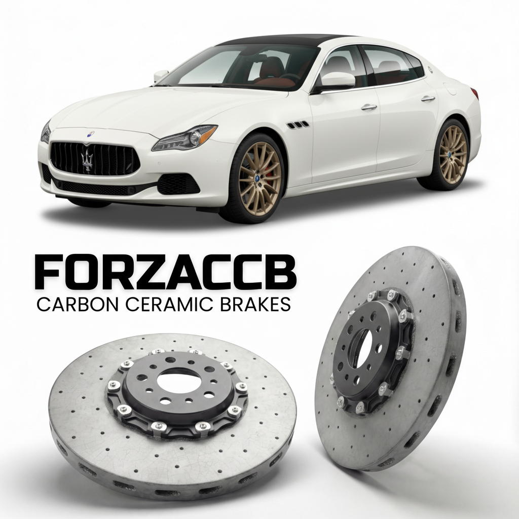 ForzaCCB direct OEM replacement carbon ceramic brake rotors for 2017 to 2023 Maserati Quattroporte VI M156 models, shown with a white Maserati Quattroporte VI car.
