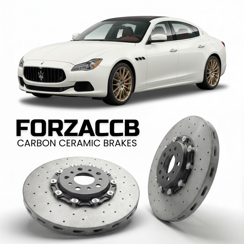 ForzaCCB direct OEM replacement carbon ceramic brake rotors for 2017 to 2023 Maserati Quattroporte VI M156 models, shown with a white Maserati Quattroporte VI car.