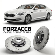 ForzaCCB direct OEM replacement carbon ceramic brake rotors for 2015-2018) Kia Quoris I (facelift 2015 models, shown with a white Kia Quoris car.