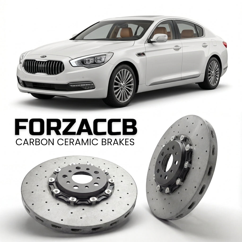 ForzaCCB direct OEM replacement carbon ceramic brake rotors for 2015-2018) Kia Quoris I (facelift 2015 models, shown with a white Kia Quoris car.