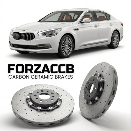 ForzaCCB direct OEM replacement carbon ceramic brake rotors for 2015-2018) Kia Quoris I (facelift 2015 models, shown with a white Kia Quoris car.
