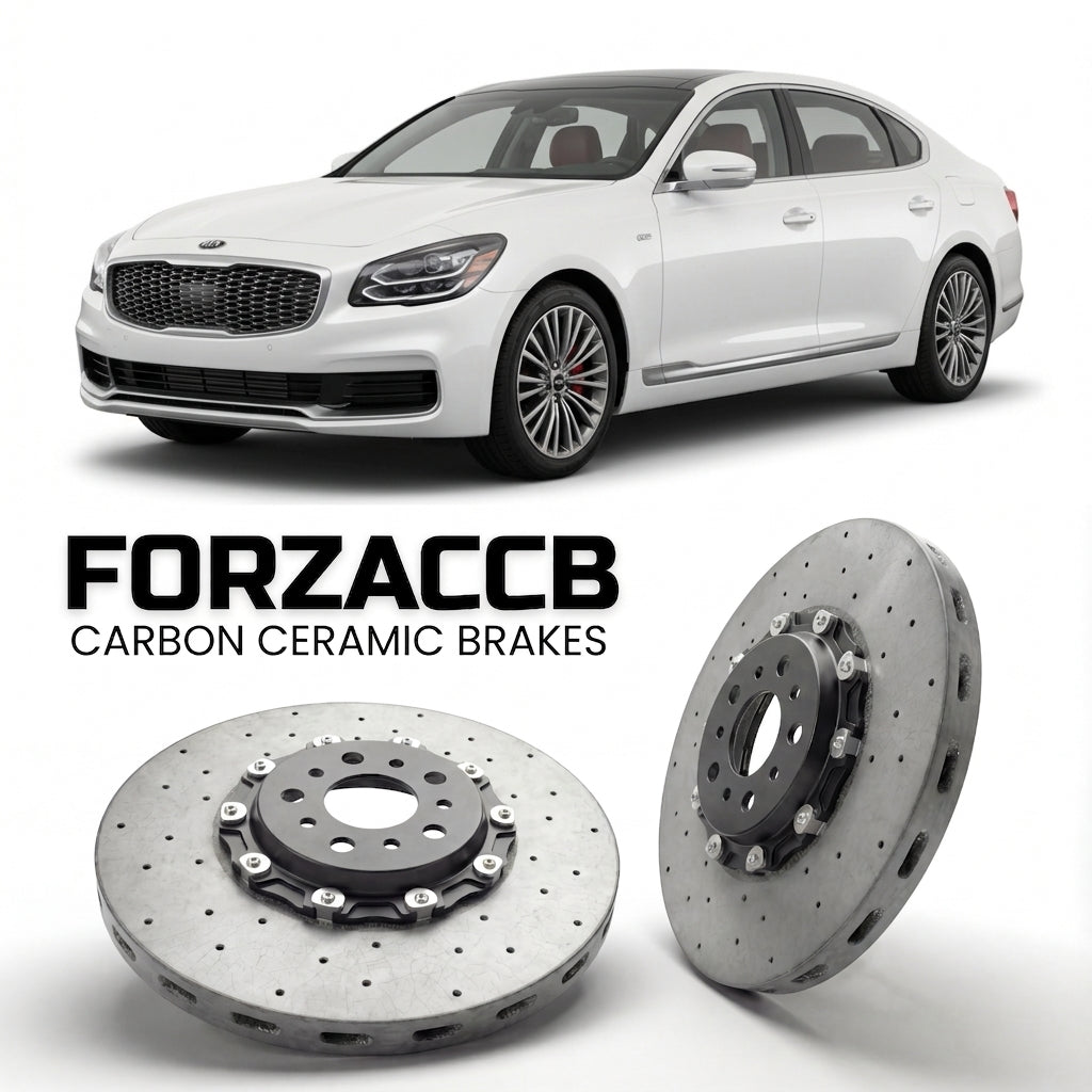 ForzaCCB direct OEM replacement carbon ceramic brake rotors for 2018 and newer Kia Quoris II models, shown with a white Kia Quoris car.