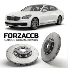 ForzaCCB direct OEM replacement carbon ceramic brake rotors for 2018 and newer Kia Quoris II models, shown with a white Kia Quoris car.