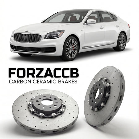 ForzaCCB direct OEM replacement carbon ceramic brake rotors for 2018 and newer Kia Quoris II models, shown with a white Kia Quoris car.