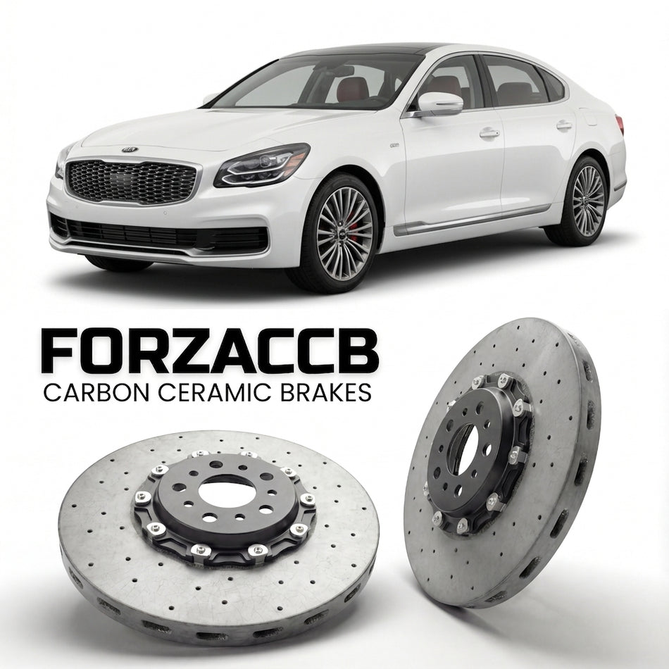ForzaCCB direct OEM replacement carbon ceramic brake rotors for 2018 and newer Kia Quoris II models, shown with a white Kia Quoris car.
