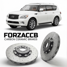 ForzaCCB direct OEM replacement carbon ceramic brake rotors for 2010 to 2013 Infiniti QX56 Z62 models, shown with a white Infiniti QX56 car.