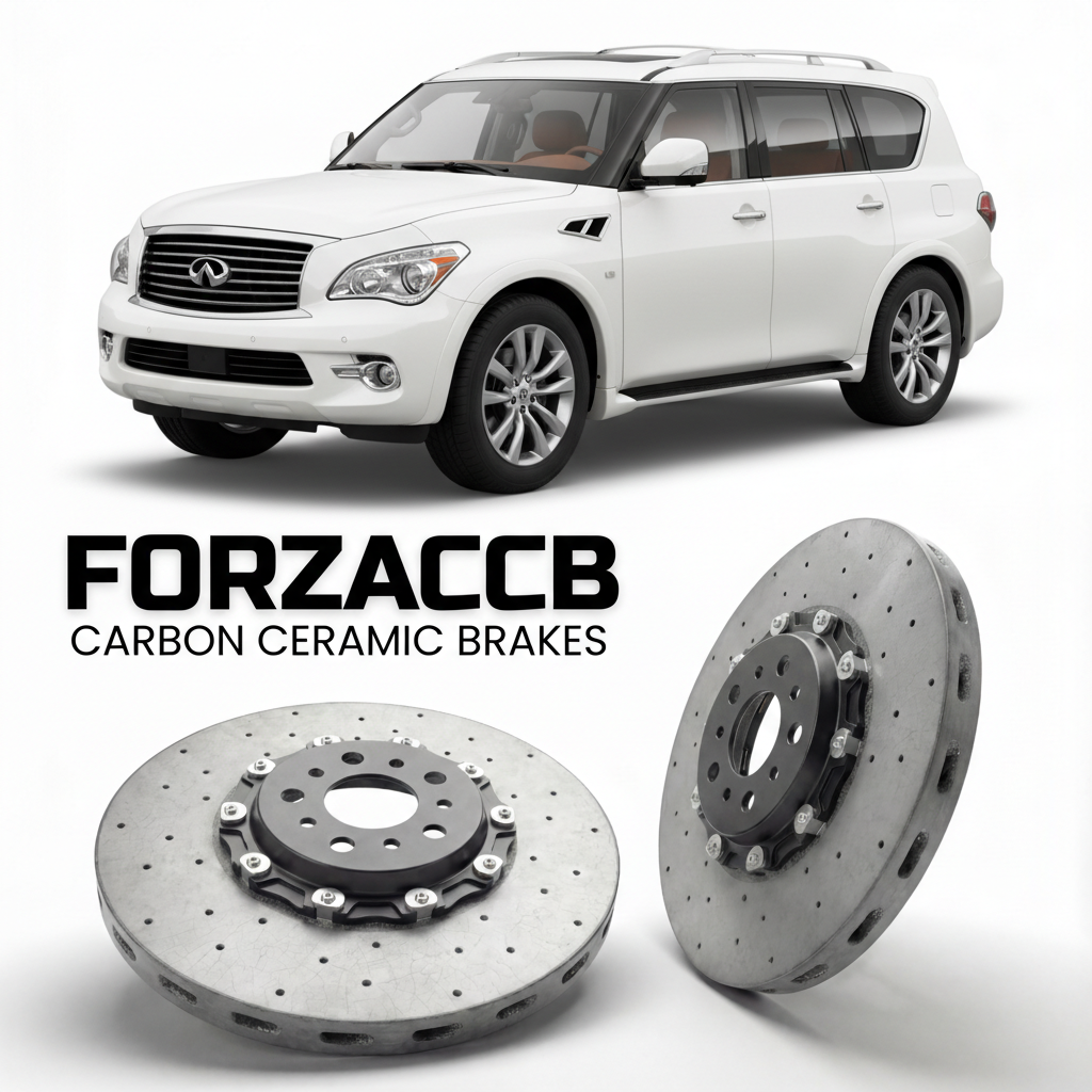 ForzaCCB direct OEM replacement carbon ceramic brake rotors for 2010 to 2013 Infiniti QX56 Z62 models, shown with a white Infiniti QX56 car.