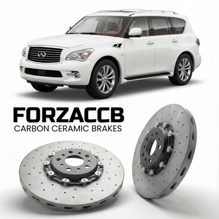 ForzaCCB direct OEM replacement carbon ceramic brake rotors for 2010 to 2013 Infiniti QX56 Z62 models, shown with a white Infiniti QX56 car.