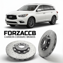 ForzaCCB direct OEM replacement carbon ceramic brake rotors for 2013 to 2020 Infiniti QX60 L50 models, shown with a white Infiniti QX60 car.