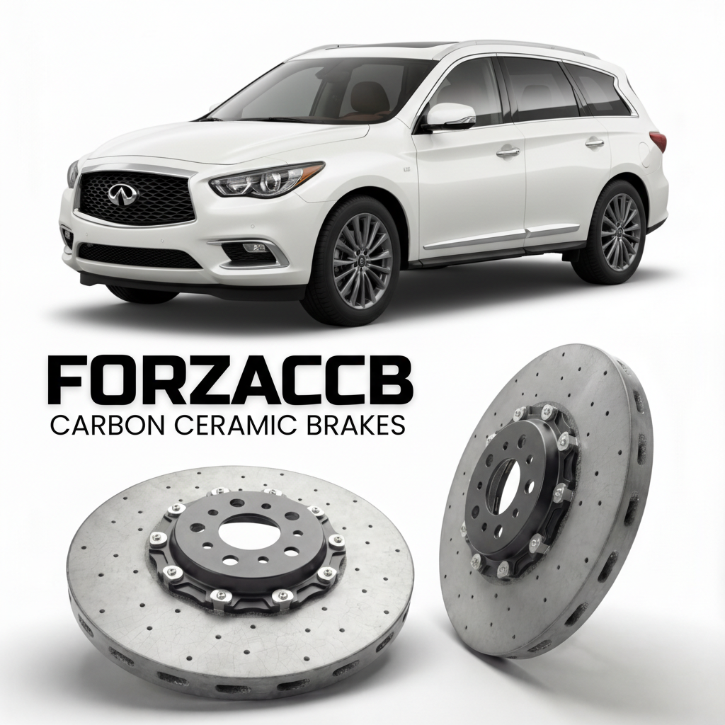 ForzaCCB direct OEM replacement carbon ceramic brake rotors for 2013 to 2020 Infiniti QX60 L50 models, shown with a white Infiniti QX60 car.