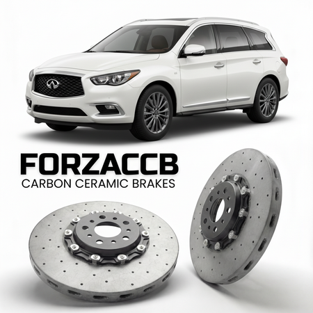 ForzaCCB direct OEM replacement carbon ceramic brake rotors for 2013 to 2020 Infiniti QX60 L50 models, shown with a white Infiniti QX60 car.