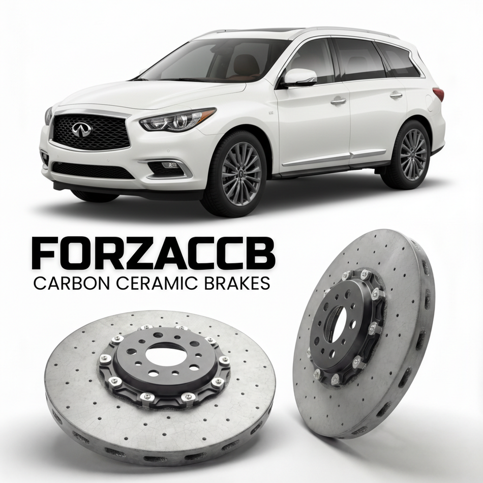 ForzaCCB direct OEM replacement carbon ceramic brake rotors for 2013 to 2020 Infiniti QX60 L50 models, shown with a white Infiniti QX60 car.