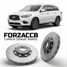 ForzaCCB direct OEM replacement carbon ceramic brake rotors for 2022 and newer Infiniti QX60 L51 models, shown with a white Infiniti QX60 car.
