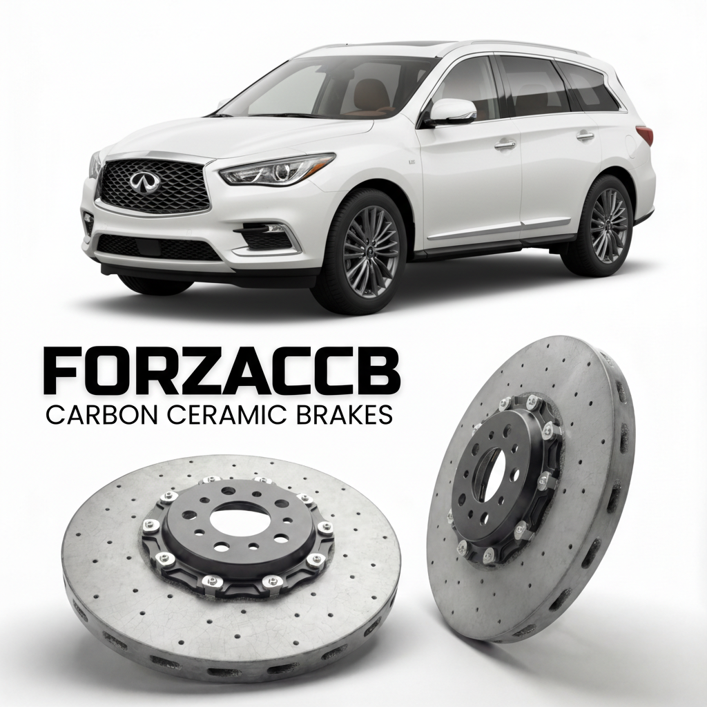ForzaCCB direct OEM replacement carbon ceramic brake rotors for 2022 and newer Infiniti QX60 L51 models, shown with a white Infiniti QX60 car.