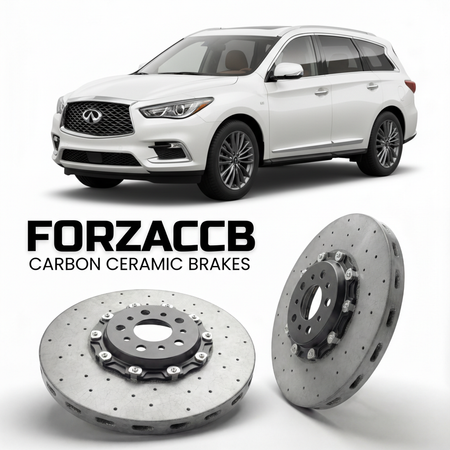 ForzaCCB direct OEM replacement carbon ceramic brake rotors for 2022 and newer Infiniti QX60 L51 models, shown with a white Infiniti QX60 car.