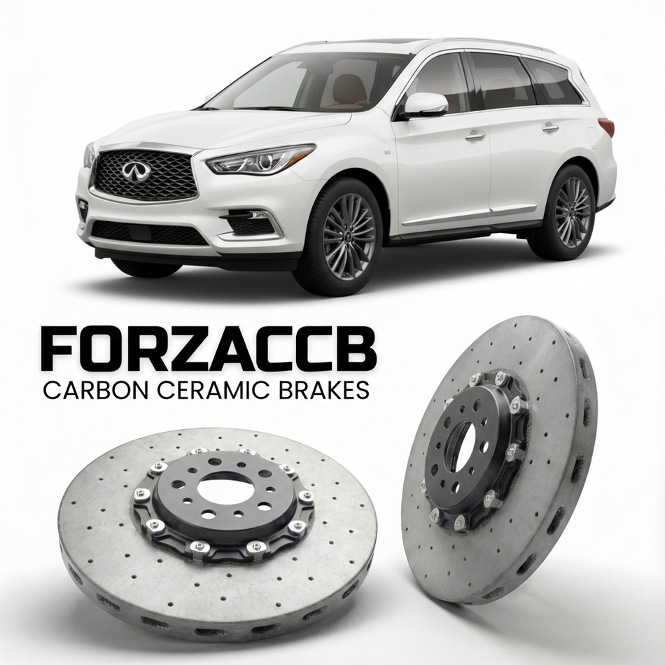 ForzaCCB direct OEM replacement carbon ceramic brake rotors for 2022 and newer Infiniti QX60 L51 models, shown with a white Infiniti QX60 car.