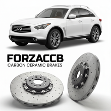 ForzaCCB direct OEM replacement carbon ceramic brake rotors for 2010 to 2017 Infiniti QX70 S51 models, shown with a white Infiniti QX70 car.