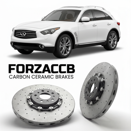 ForzaCCB direct OEM replacement carbon ceramic brake rotors for 2010 to 2017 Infiniti QX70 S51 models, shown with a white Infiniti QX70 car.